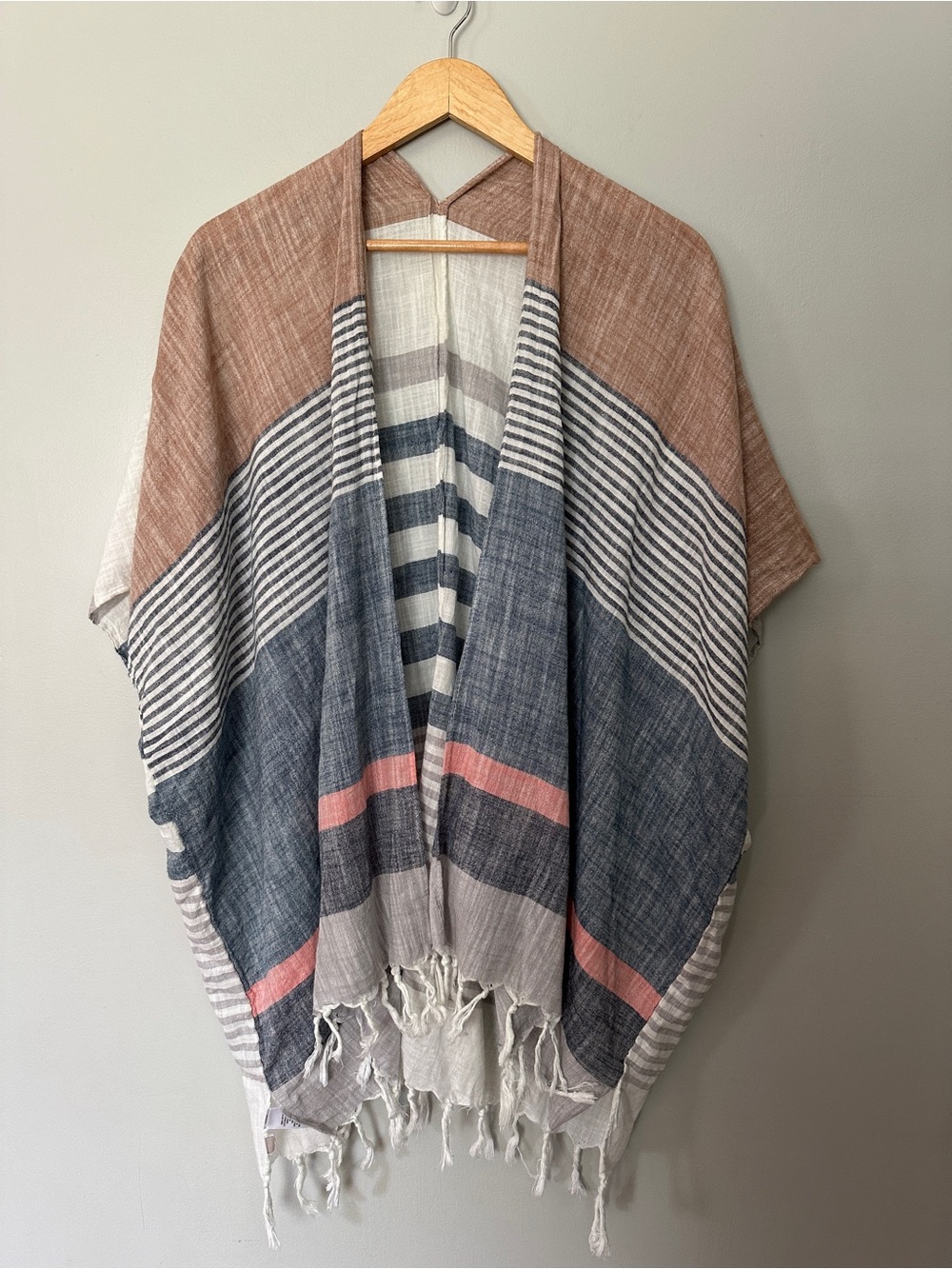 Navy, Tan, Pink Striped Swim Cover Up Kimono with Tassles by Loft, size M/L